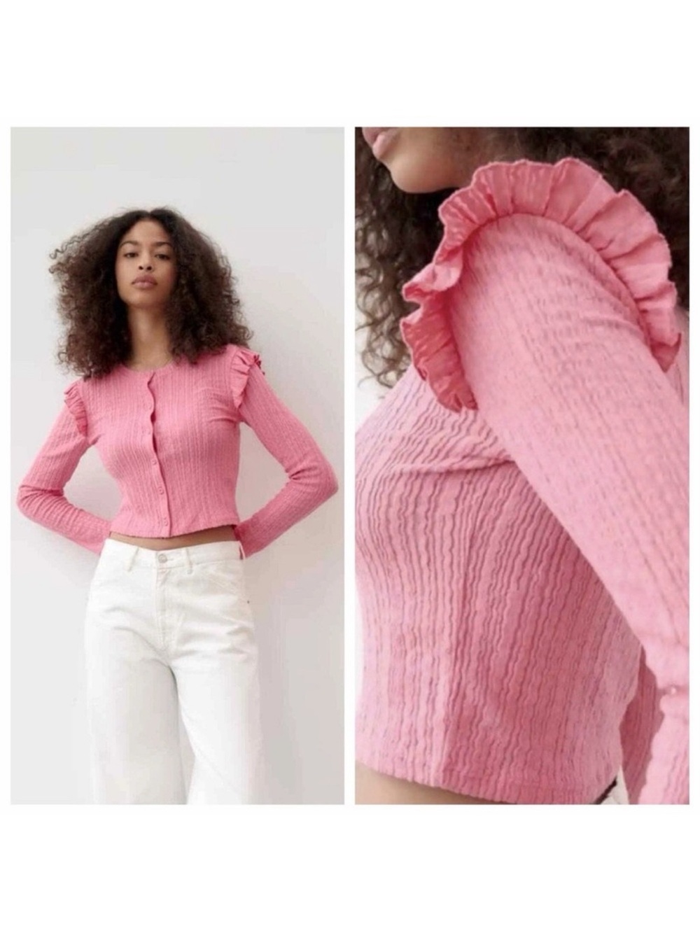 ZARA Pink Ruffle Trim Ribbed Cardigan Sweater, NWT, Women's Small